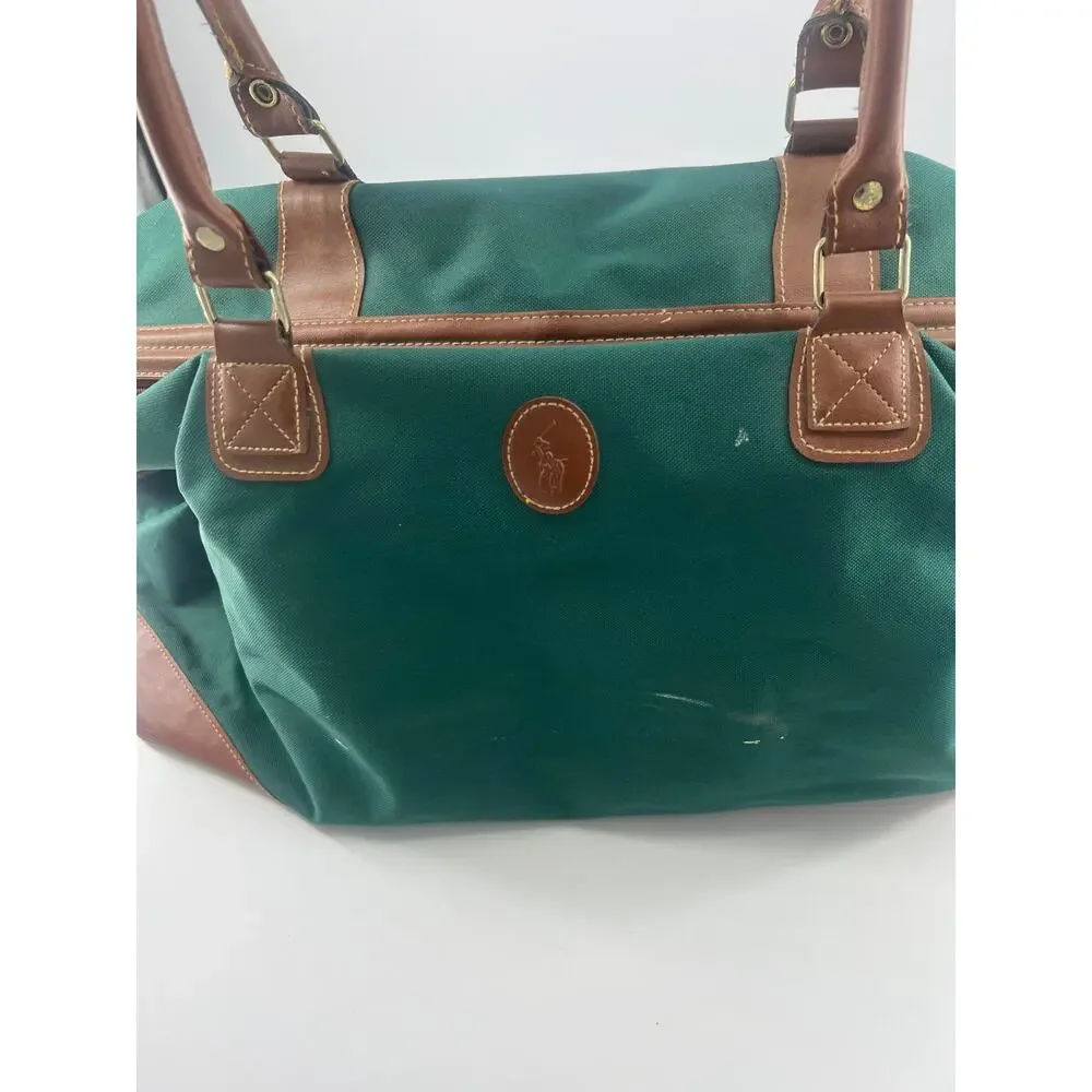Vintage Polo Ralph Lauren Green Canvas and Leather Duffel Bag Retro Collectible